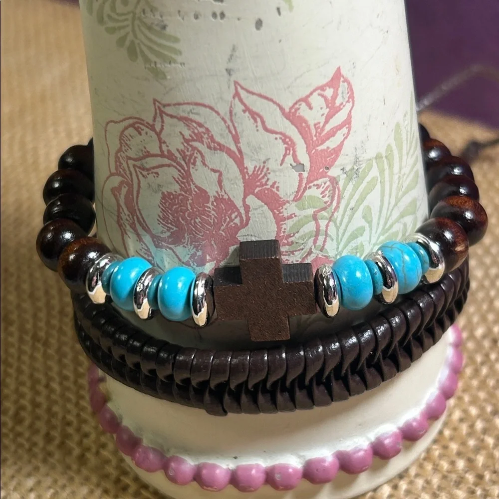 Wooden, Turquoise & Silver Bead and Braided Leather Bracelet Bundle (B)
